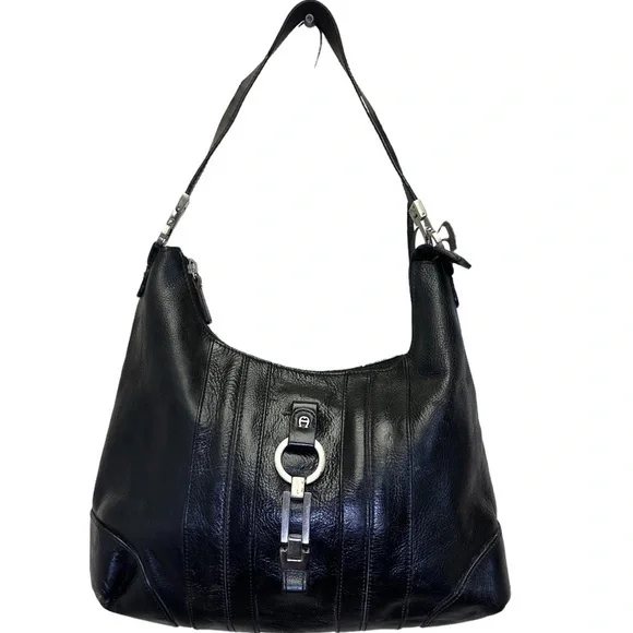 Etienne Aiguer Purse Genuine Leather shoulder handbag black silver hardware - Picture 1 of 3